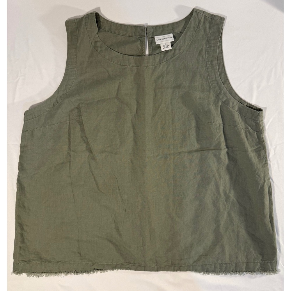 Liz Claiborne Women XL Olive Green Linen Blend Fringed Hem Sleeveless Shell Tank